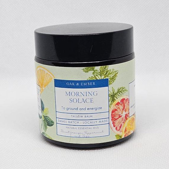 Jar of 'Morning Solace' on a white surface with a light gray background
