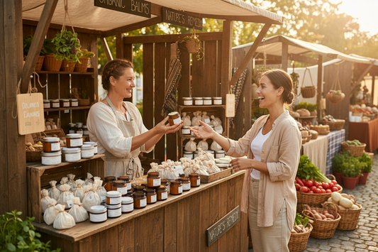 two women exchanging goods at the farmer's market
