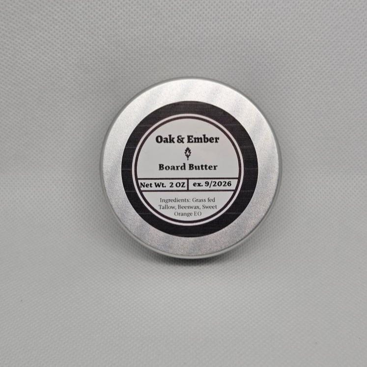 Metal container with 'Oak & Ember' label on a gray background