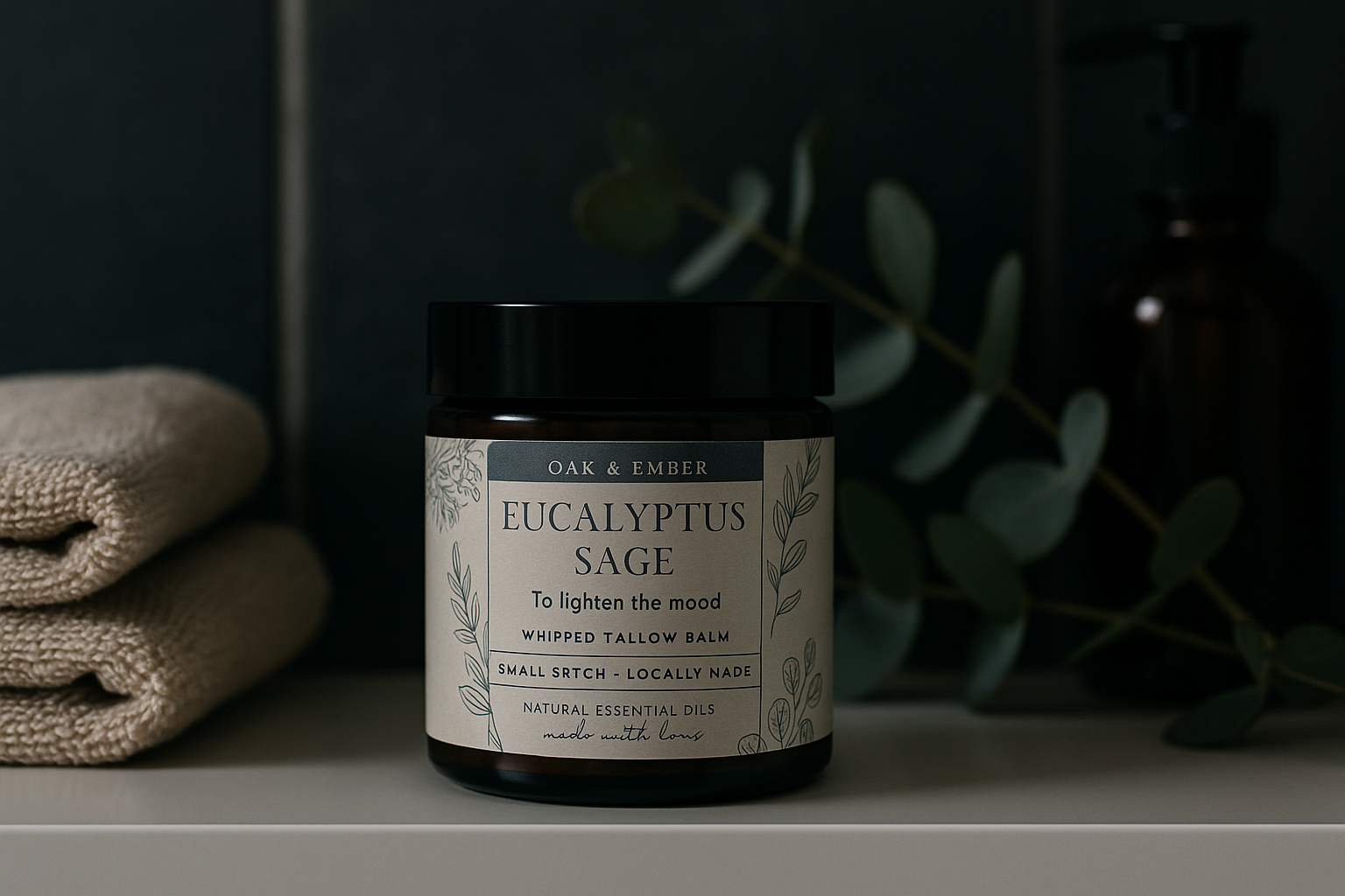 Balm jar labeled 'Eucalyptus Sage' on a shelf with a towel and plant in the background