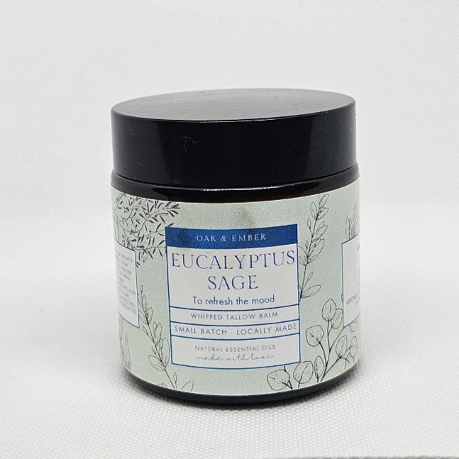 Jar of Eucalyptus Sage candle on a white background