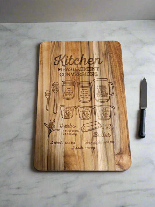 Wooden cutting board with kitchen measurement conversions on a patterned surface