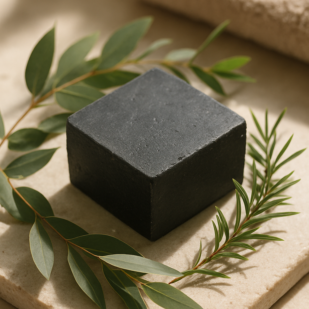 Black soap bar with green leaves on a beige surface