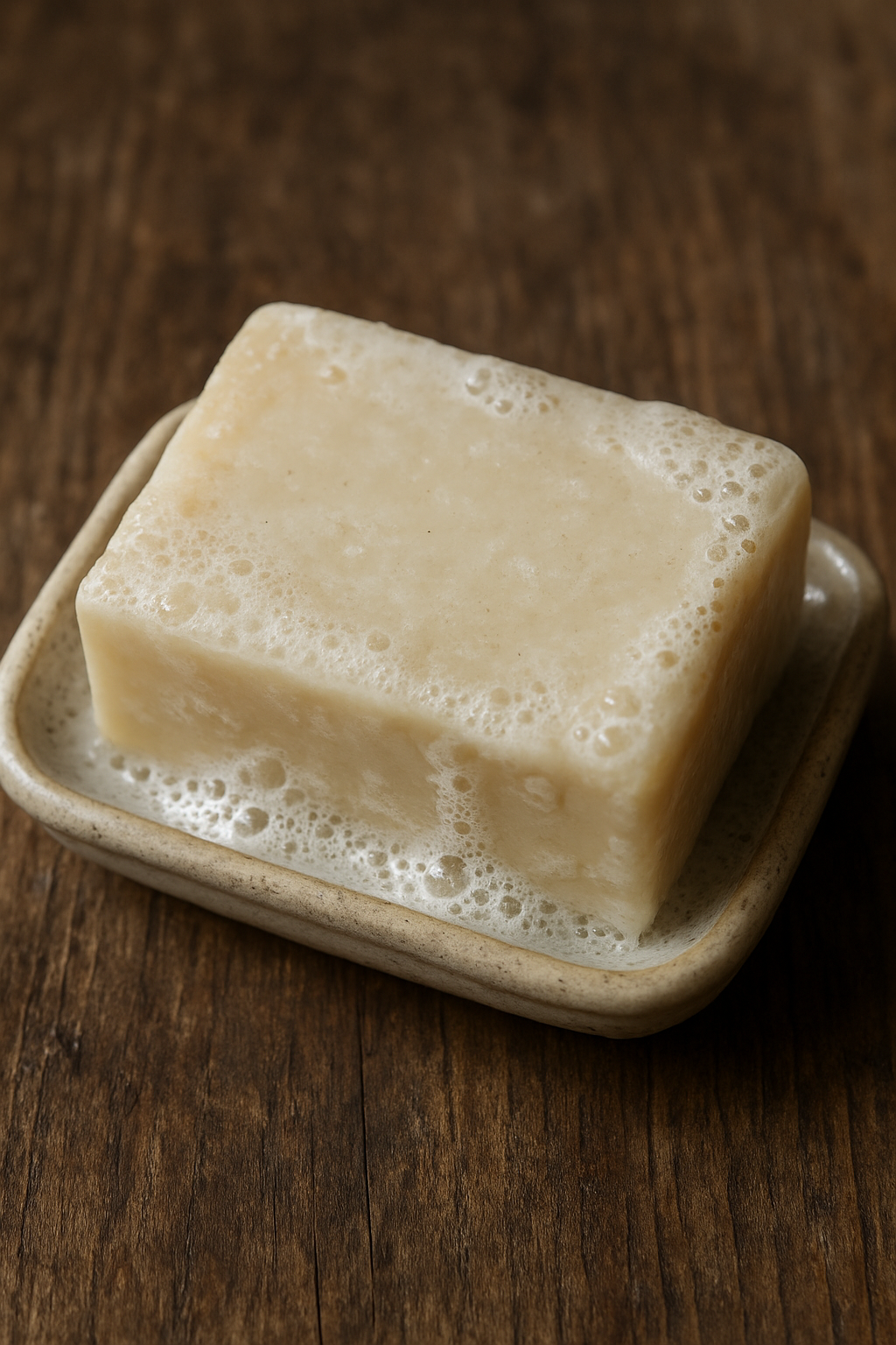 Bar of soap on a wooden surface